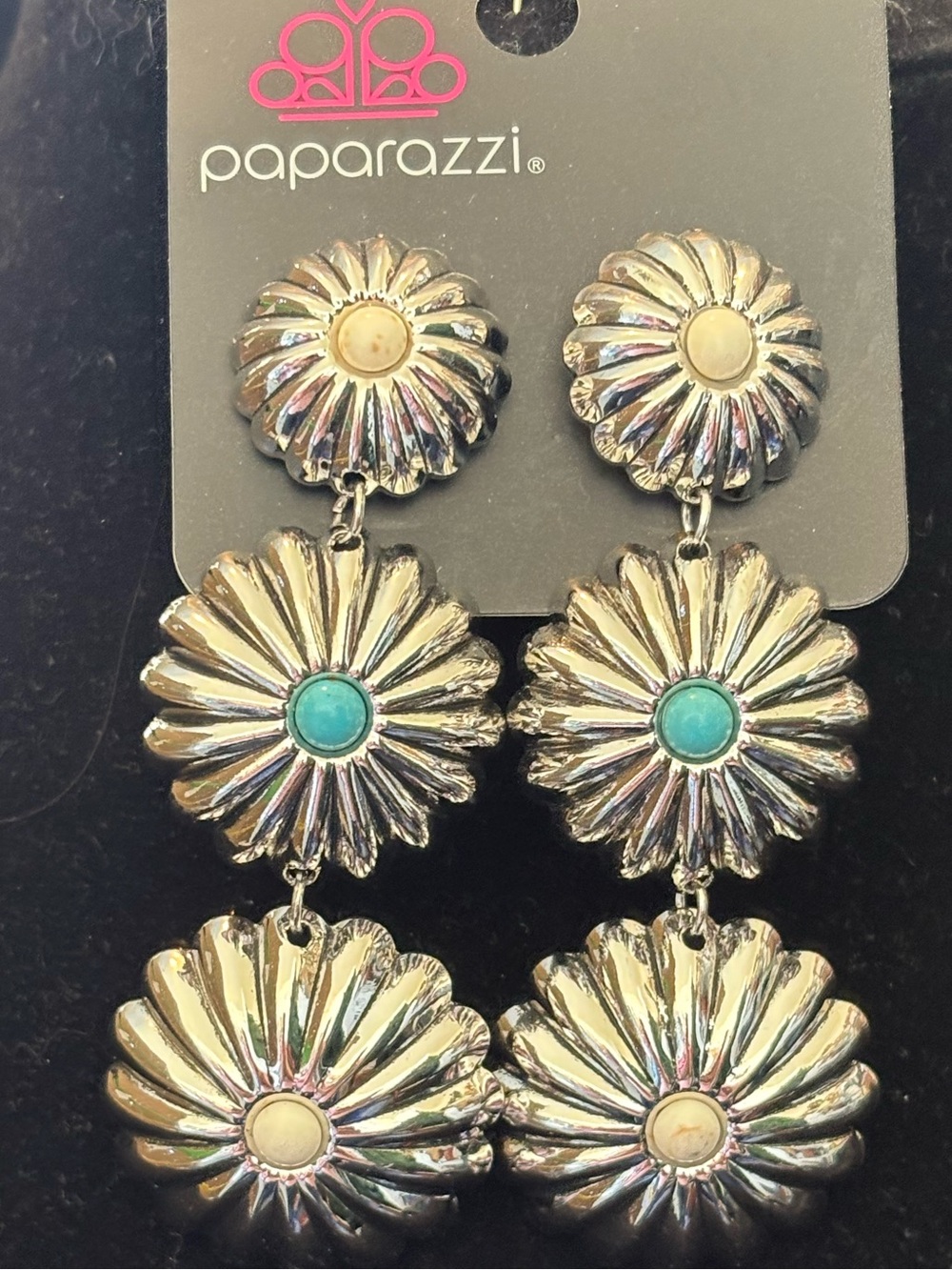 paparazzi Silver-Tone Daisy Drop Earrings with Turquoise Centers